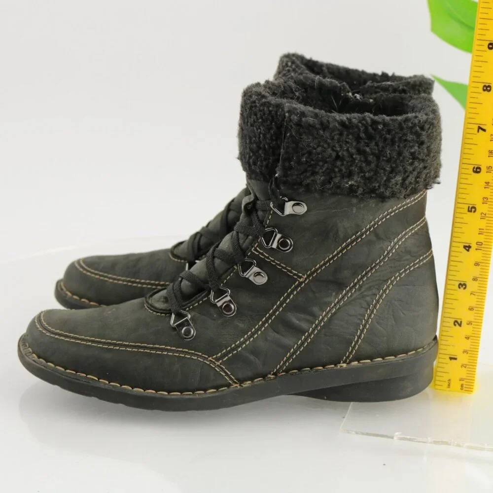 Clarks Womens Nikki Imperial Boot Size 8.5 Black Leather Lace Up Faux Fur Bootie